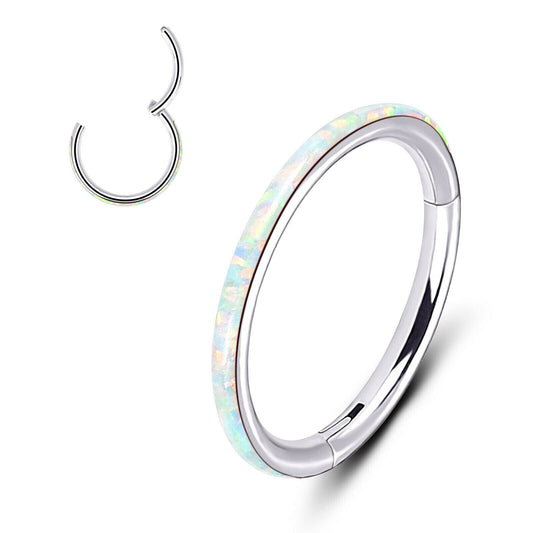 1 - 16 Gauge 5/16 Inch White Opal Orbital Outer Edge Septum Nose Ear Lip Ring Stainless Steel Hinged Helix Tragus Piercing Jewelry C299