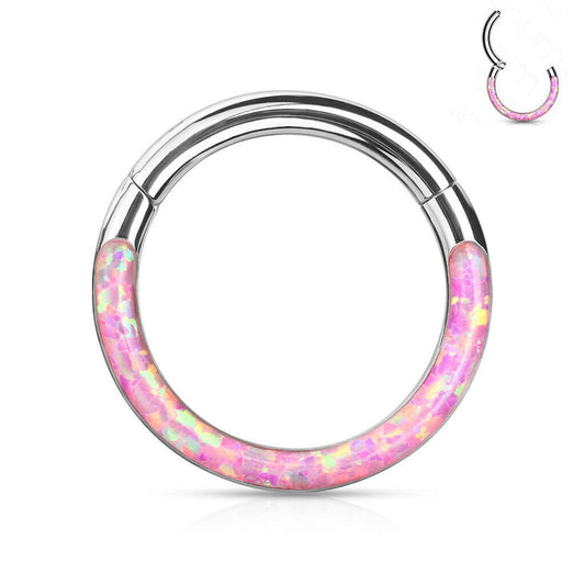 1 - 16 Gauge 5/16 Inch Opal Pink Front Facing Opal Septum Nose Ear Lip Ring Stainless Steel Hinged Helix Tragus Piercing Jewelry C300