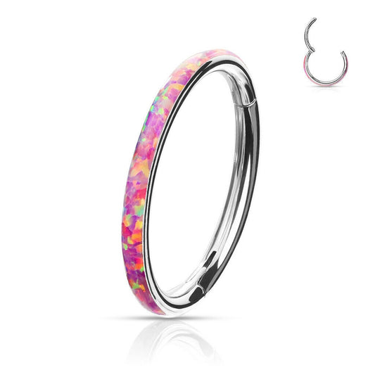 1 - 16 Gauge 5/16 Inch Pink Opal Orbital Outter Edge Septum Nose Ear Lip Ring Stainless Steel Hinged Helix Tragus Piercing Jewelry C304
