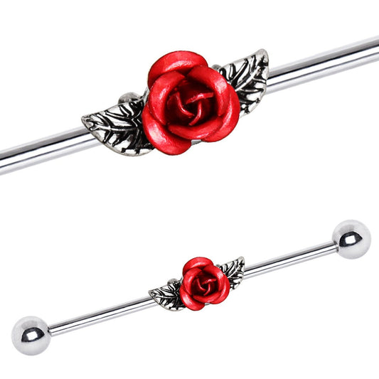 14 Gauge 1 &1/2 Inch 5mm Ball Ends Red Rose Over 316L Surgical Steel Industrial Barbells T272