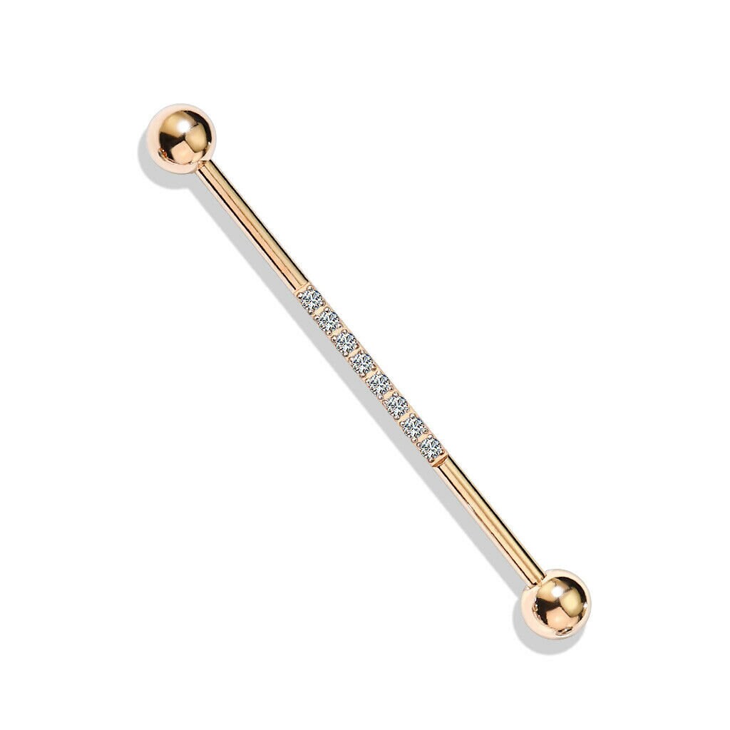 2 - 14 Gauge 1 1/2 Inch 38mm 316L Surgical Steel Industrial Barbell with CNC Set Lined CZ on Bar Rose Gold IP and Stainless T287