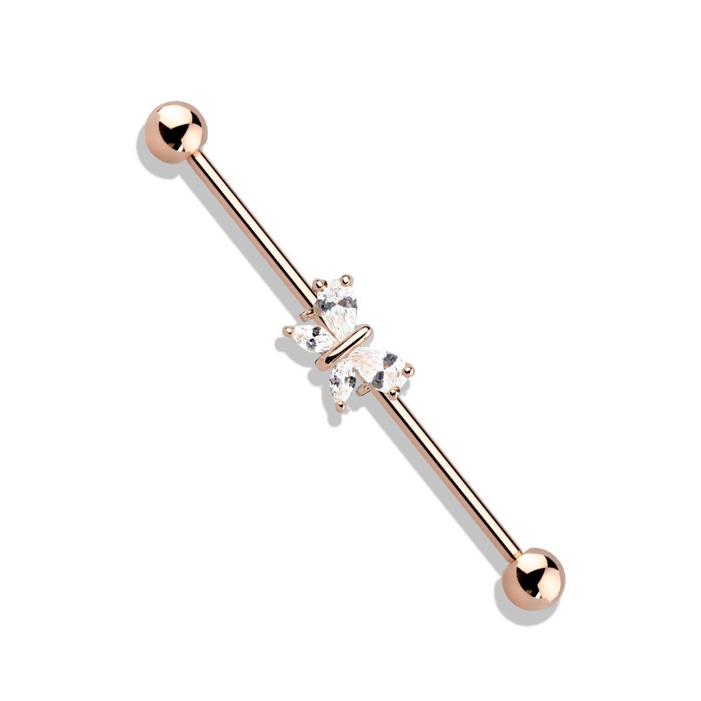 1 - 14GA (1.6mm) 1&1/2" (38mm) 5mm Tear Drop and Marquise CZ Butterfly 316L Surgical Steel Industrial Barbell T269-RG