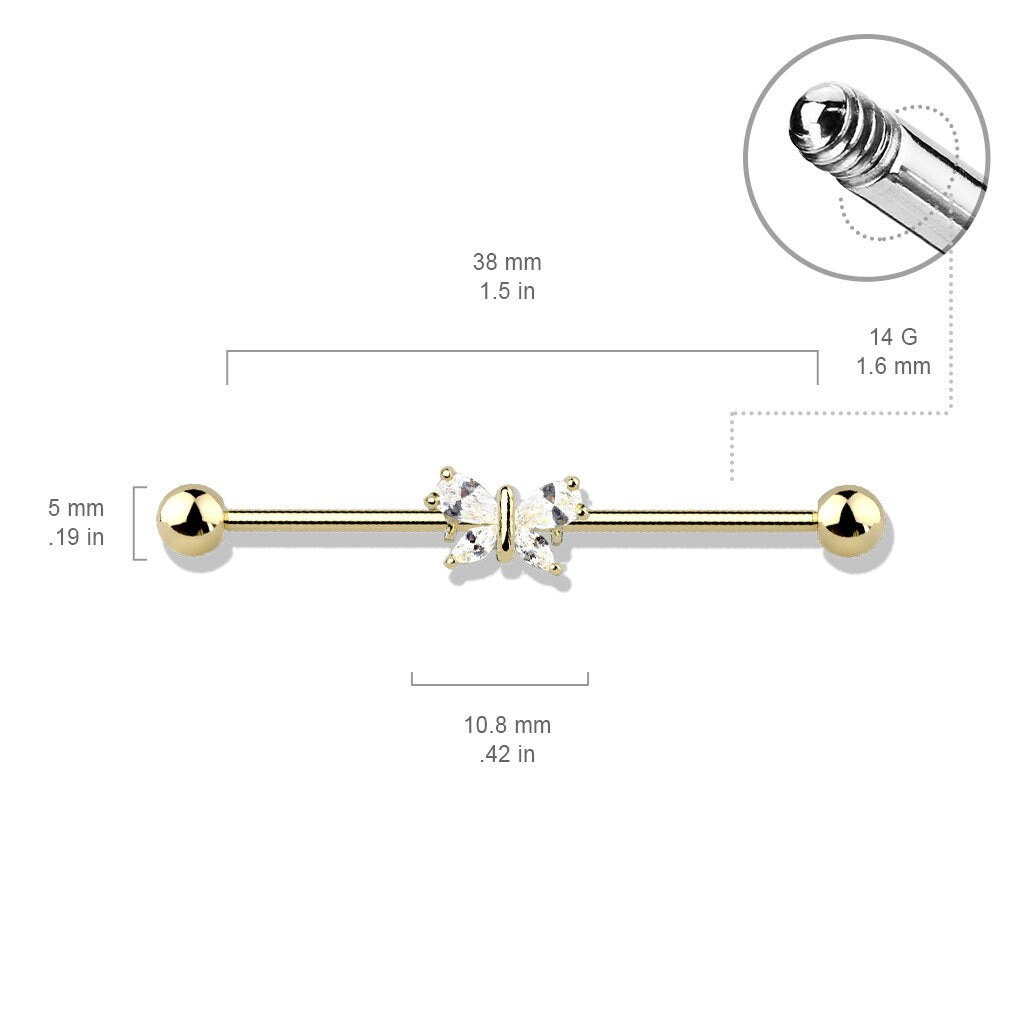 1 - 14GA (1.6mm) 1&1/2" (38mm) 5mm Tear Drop and Marquise CZ Butterfly 316L Surgical Steel Industrial Barbell T269-RG