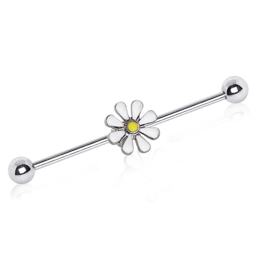 14 Gauge 1 &1/2 Inch 5mm Ball Ends Sweet White Daisy Over 316L Surgical Steel Industrial Barbells T271