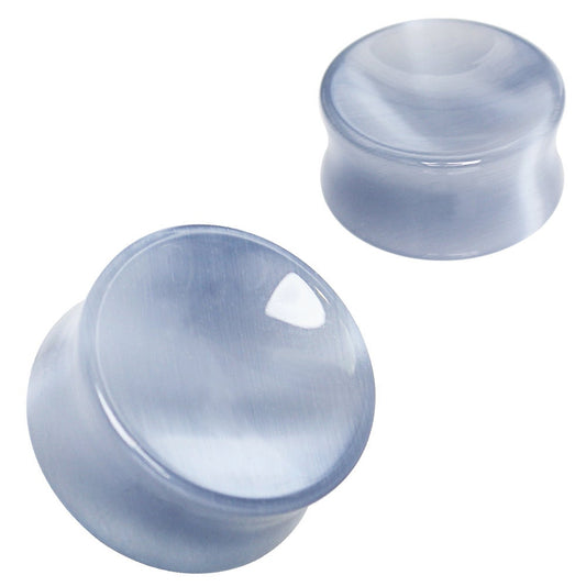 blue palm jewelry Pair of Light Gray Cat Eyes Stone Double Flare Concave Stone Ear Plugs Expander Gauges 2ga - 1 inch E606