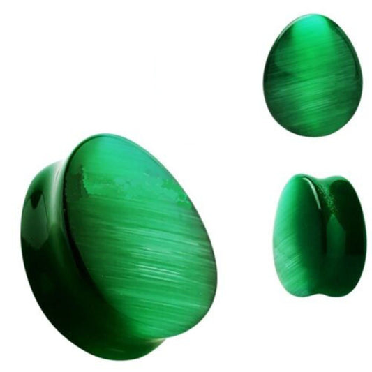 Pair of Green Cat Eyes Stone Double Flare Teardrop Ear Plugs Expander Gauges 2ga - 1 inch E608