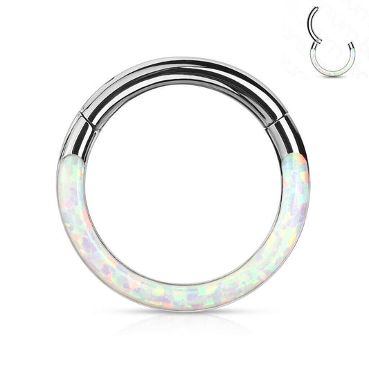 1 16 Gauge 5/16 Inch White Opal Front Facing Opal Septum Nose Ear Lip Ring Stainless Steel Hinged Helix Tragus Piercing Jewelry C301