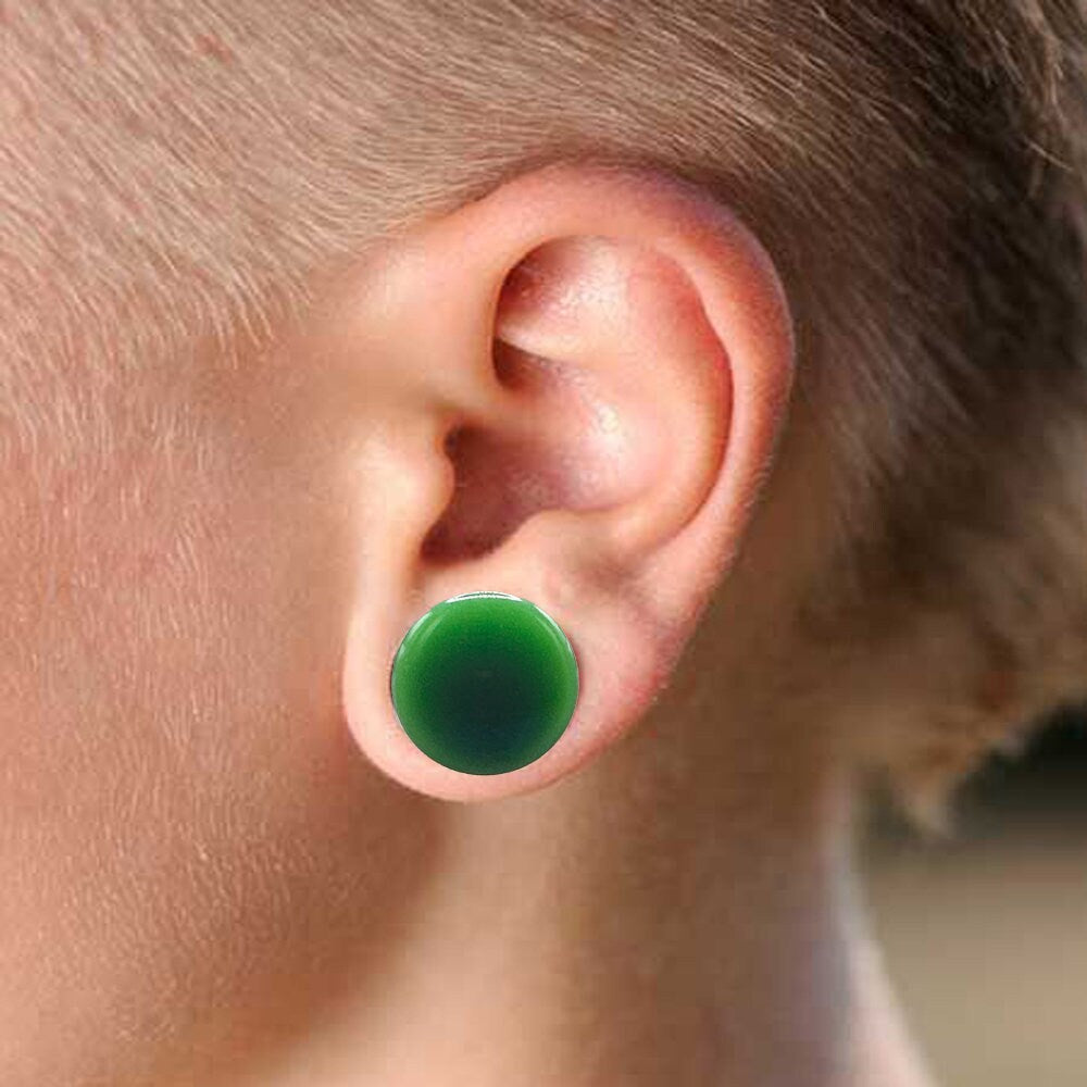 Pair of Green Jade Single Flare Stone Ear Plugs Silicone O-Ring Expander synthetic Gauges 8ga - 5/8 inch E554