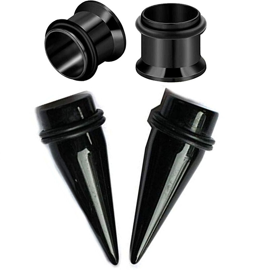 Pair of Steel Single Flare Tunnels Black Acrylic Tapers Stretching E557