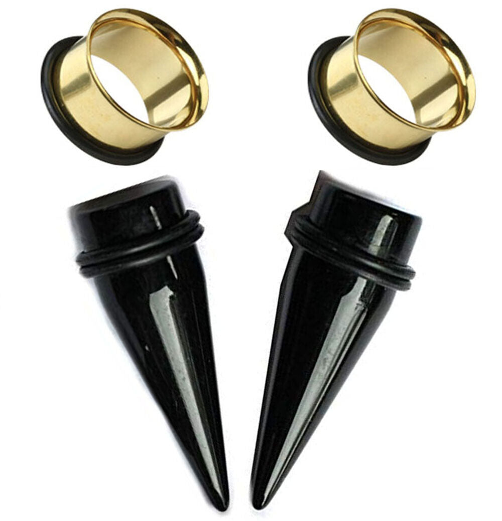 Pair of Steel Single Flare Tunnels Black Acrylic Tapers Stretching E557