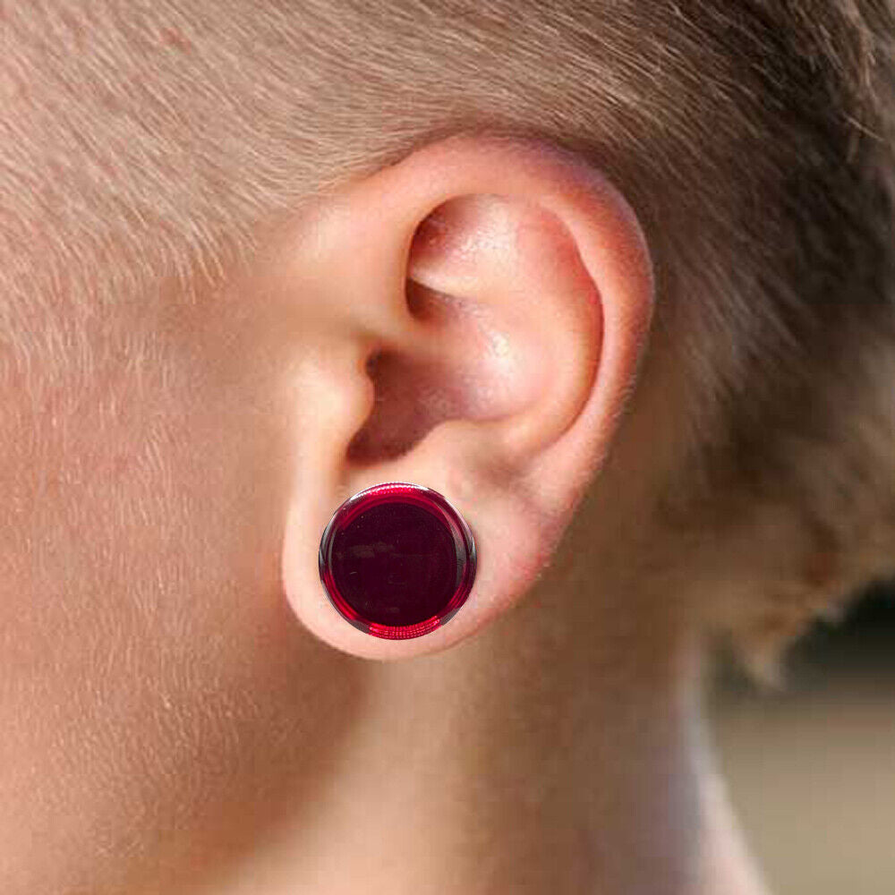 Pairs of Red Glass Single Flare Plugs with O Rings Sizes 8GA-13/16 Inch E610