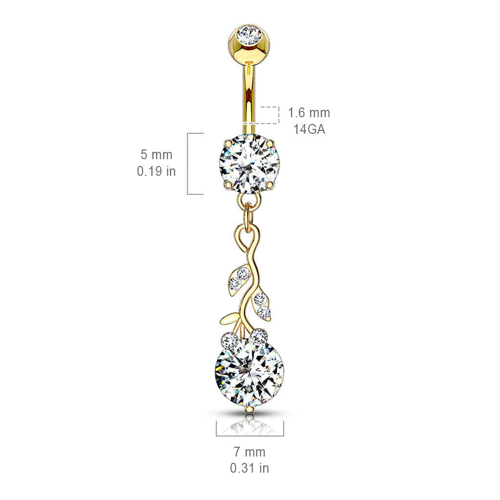 Gemmed Leafs Large Round CZ Dangle Surgical Steel Belly Button Navel Ring B595