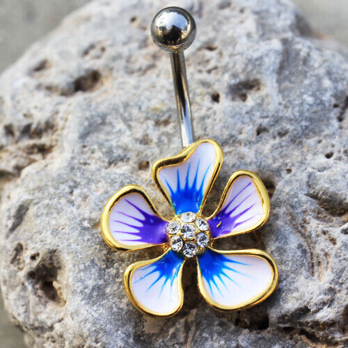 14 GAUGE 3/8" Gold Plated Jeweled Hibiscus Flower Belly Button Navel Ring B600