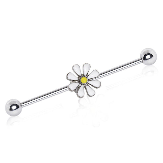 14GA 1 1/2" Sweet White Daisy Over 316L Surgical Steel Industrial Barbells T271