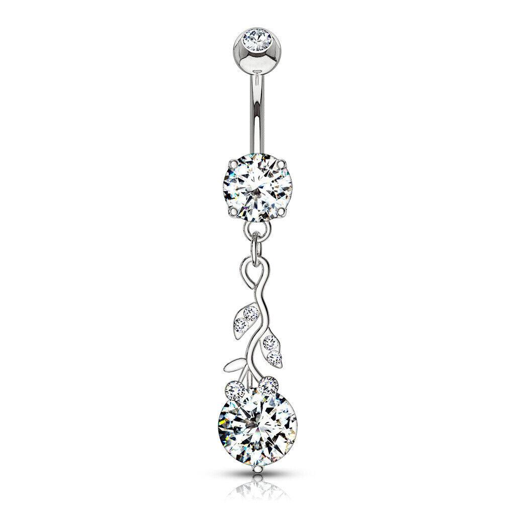 Gemmed Leafs Large Round CZ Dangle Surgical Steel Belly Button Navel Ring B595