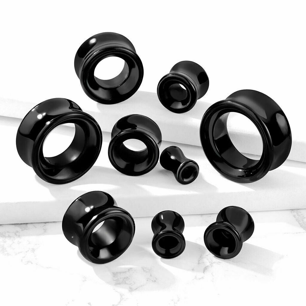 Pair of 1/2 Inch Double Flare Tunnel Solid Black Stone Obsidian Ear Plugs E584