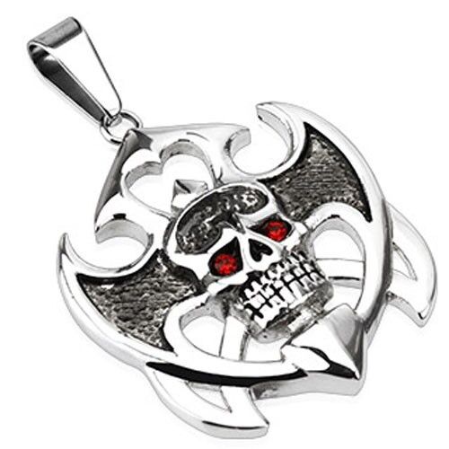 Stainless Steel Shield for Soul with Glowing CZ Eyed Guardian Skull Pendant P224