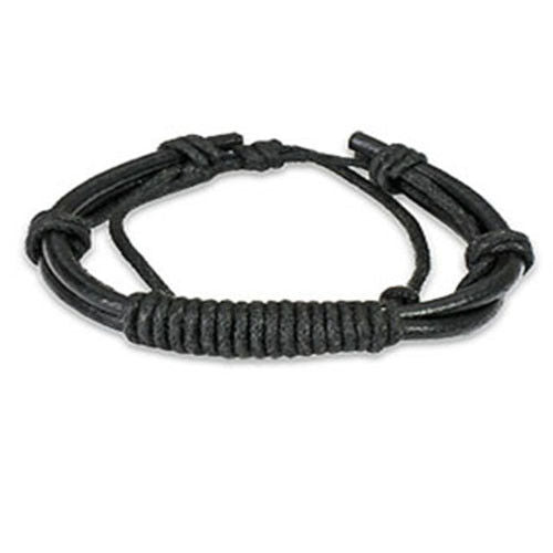 Black Leather Bracelet with Long Shocker Tie Knots Wristband Cuff K64