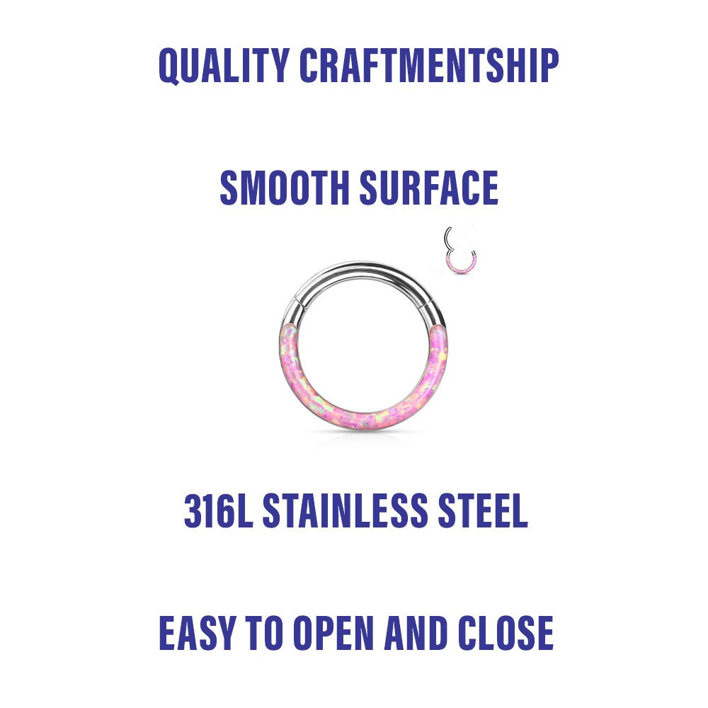 1 - 16 Gauge 5/16 Inch Opal Pink Front Facing Opal Septum Nose Ear Lip Ring Stainless Steel Hinged Helix Tragus Piercing Jewelry C300